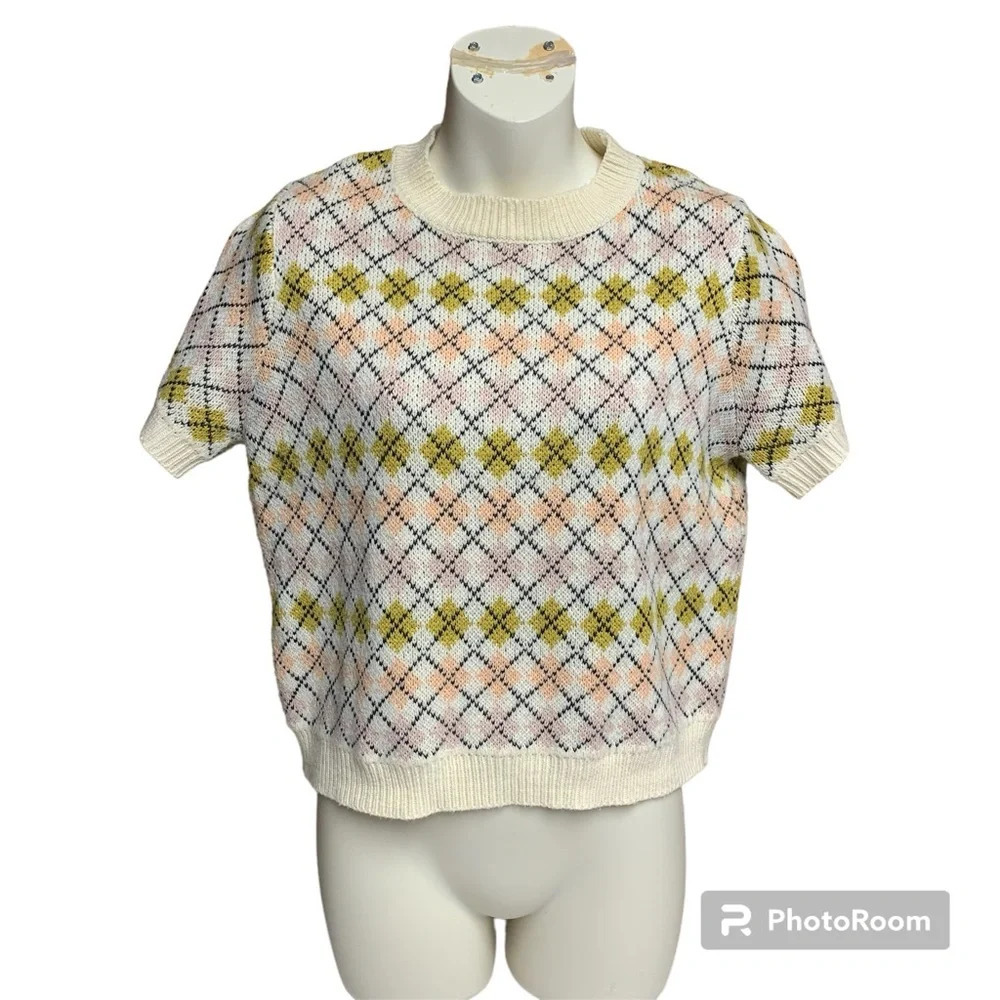 Willow & Root XL cropped sweater argyle style cream/green/pink